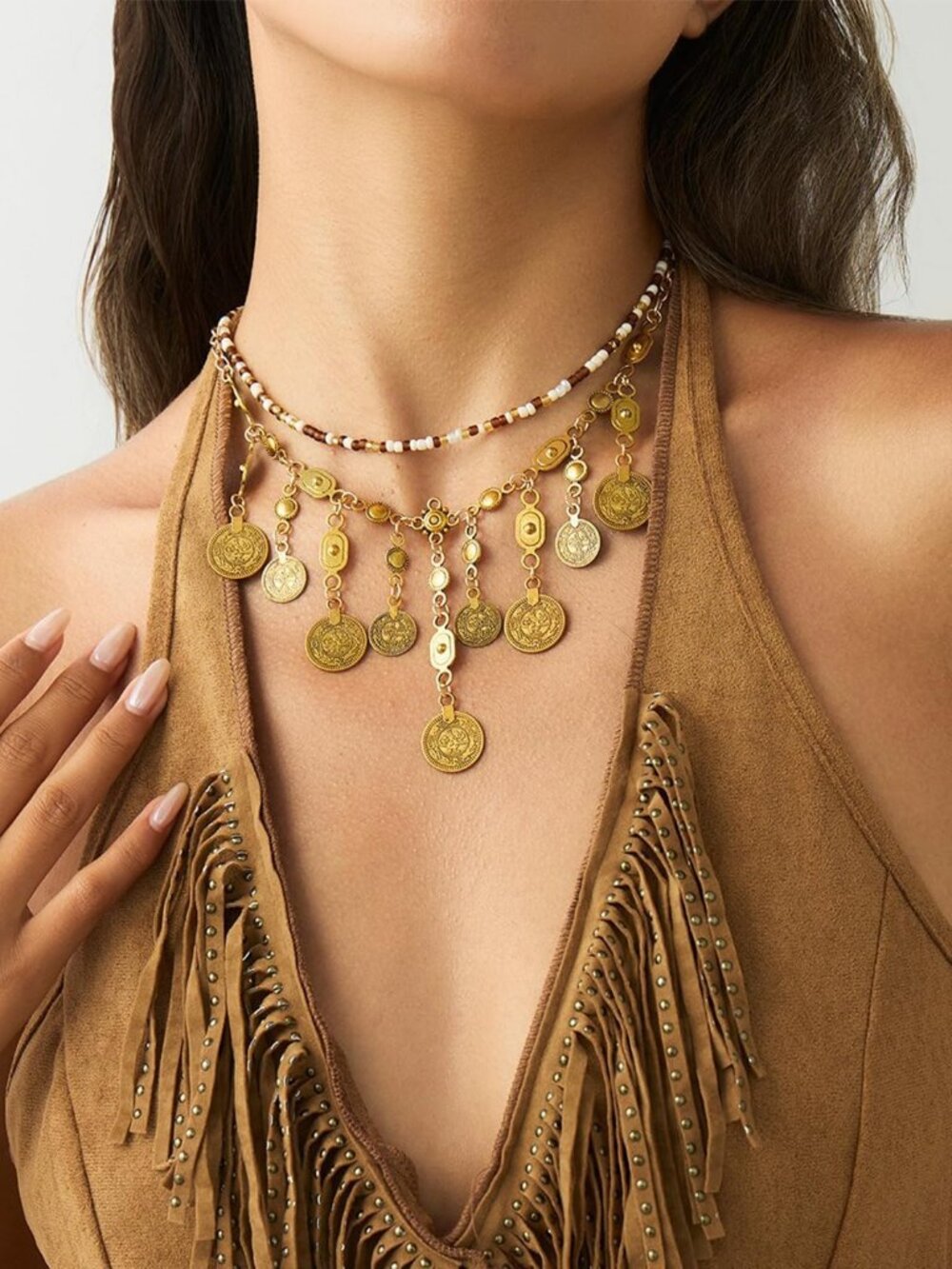Boho Coin Charm Necklace for Women Layered Gold Coin Beaded Pendant Necklace Pir - Picture 3 of 7